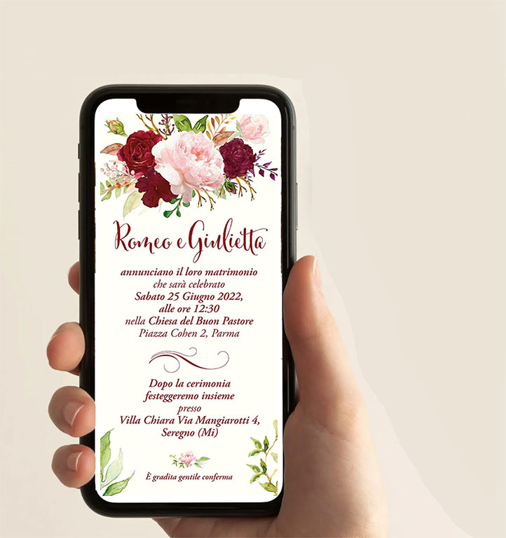 Partecipazione digitale con fiori rosa e bordò dig002