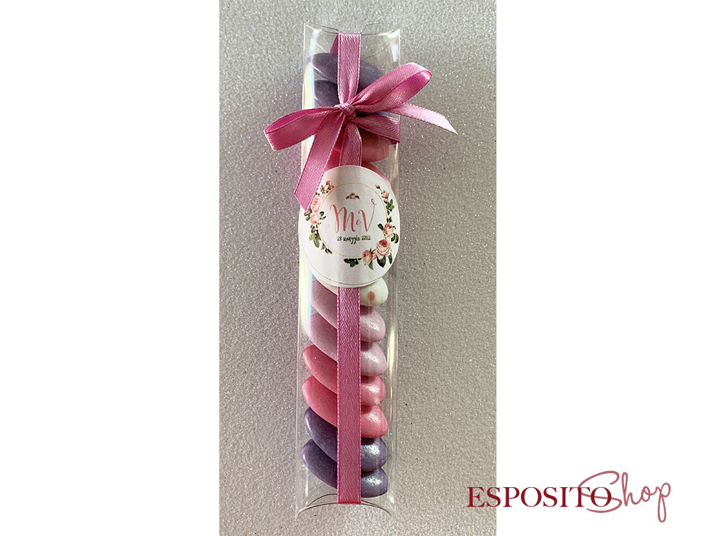 Bomboniera blister in pvc con confetti al cioccolato rosa sfumati e etichetta personalizzabile bli02