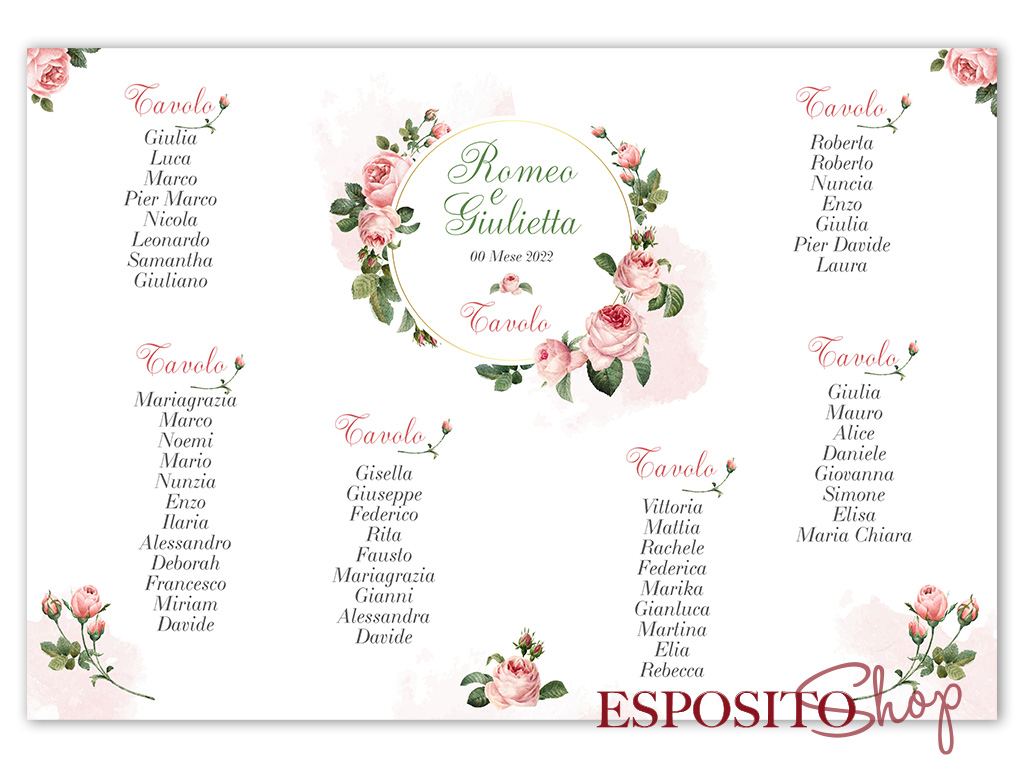 Tableau Matrimonio File Digitale Personalizzato ghirlanda di rose rosa Tab007