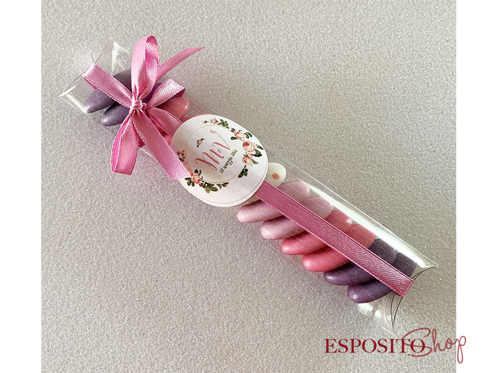 Bomboniera blister in pvc con confetti al cioccolato rosa sfumati e etichetta personalizzabile bli02