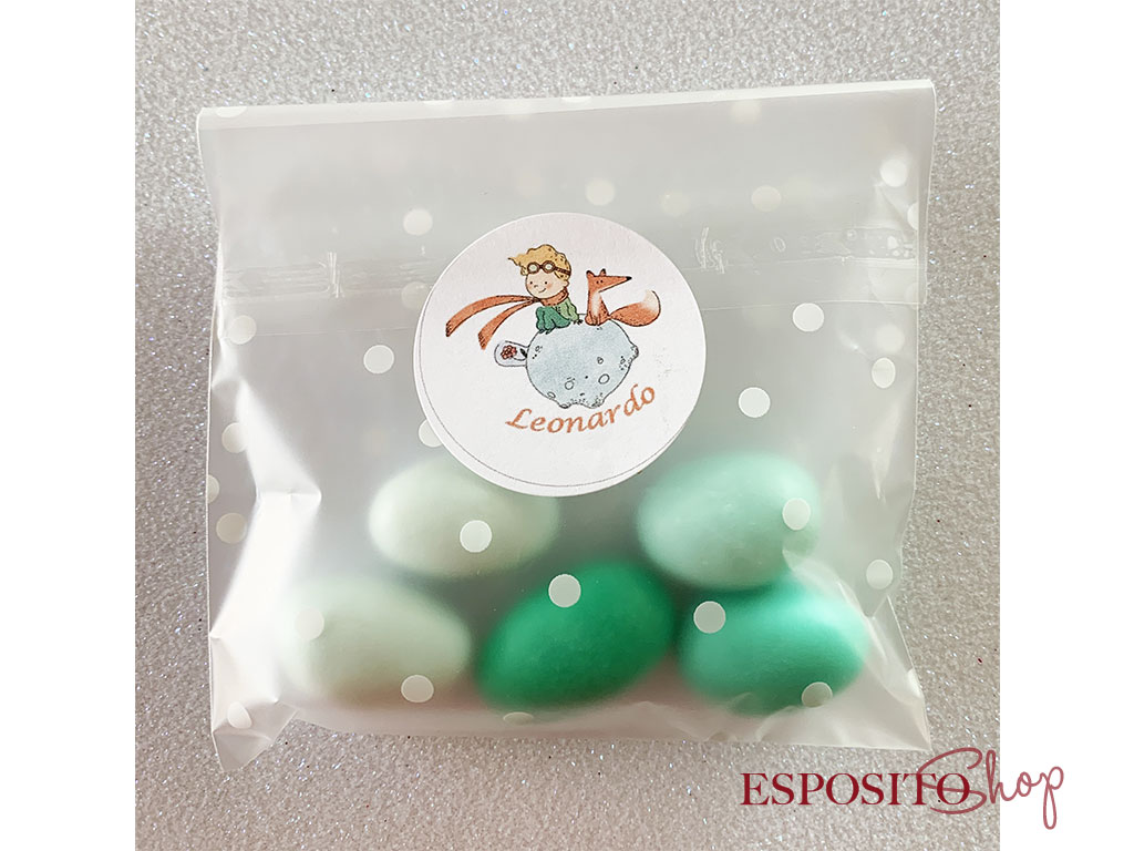 Bomboniera busta pois con confetti tenerezze e tag personalizzabile sacc01