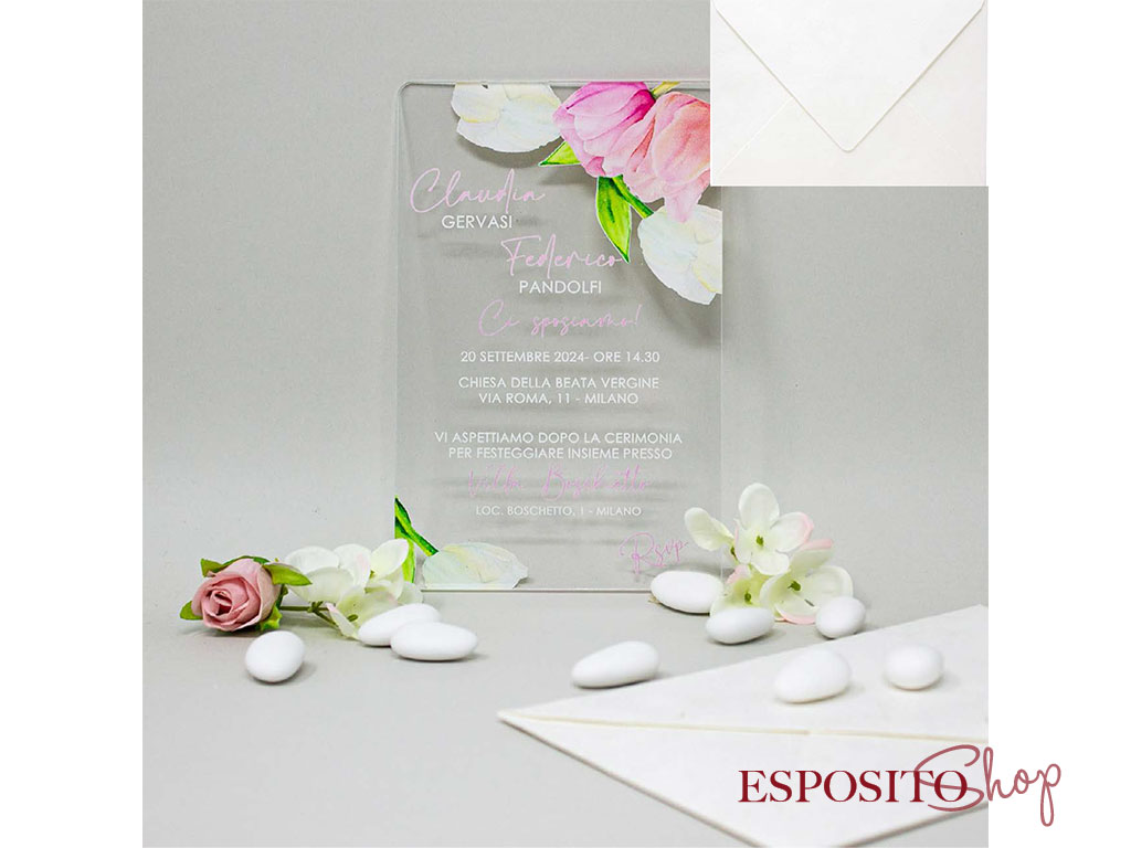 Partecipazione in plexiglass con tulipani rosa e bianchi PX013