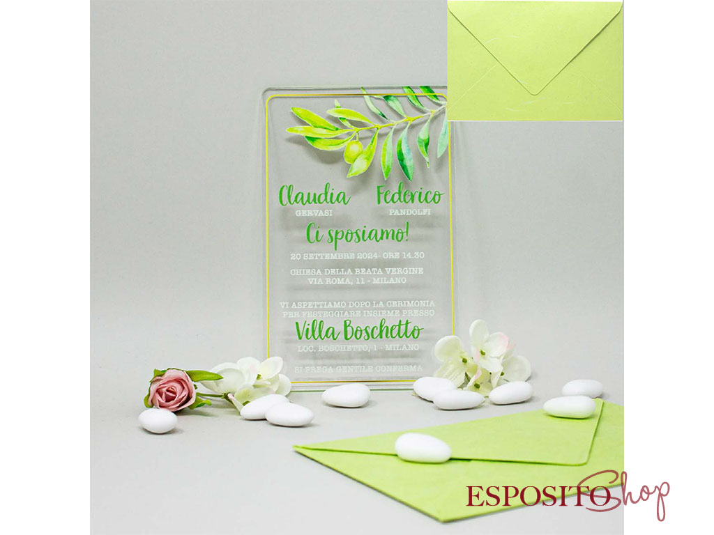 Partecipazione in plexiglass con foglie verde lime PX008