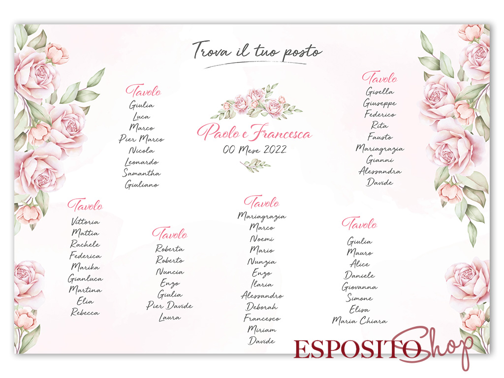 Tableau Matrimonio File Digitale Personalizzato con rose rosa Tab008