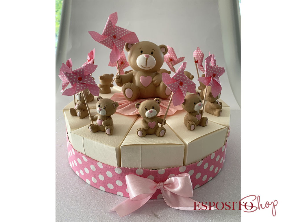 Torta bomboniera orsetto con girandola rosa 11 pezzi